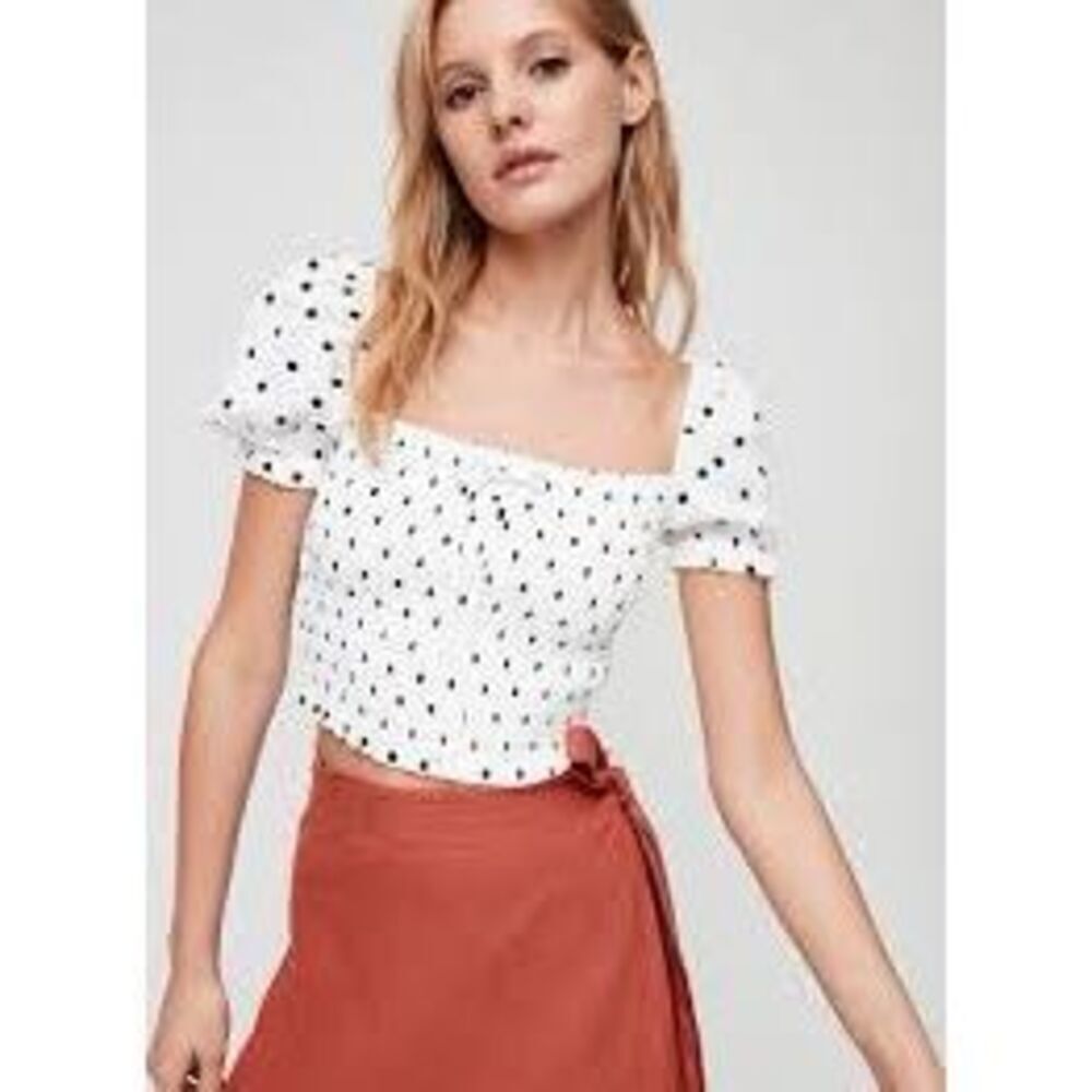 Aritzia Wilfred Smocked Crop Top Sz M Polka Dots Milkmaid